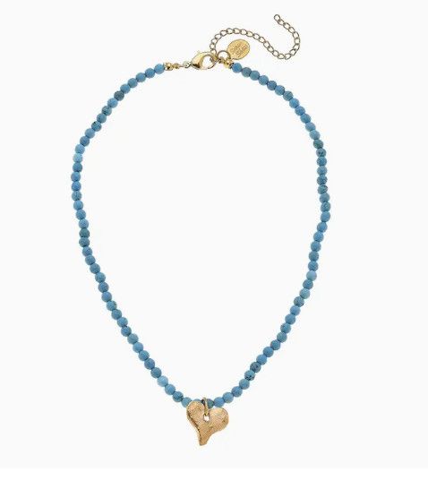Gold Heart on Turquoise Beaded Necklace