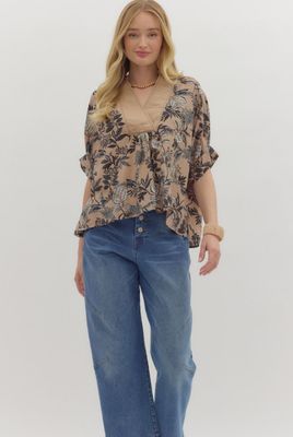 Botanical print short dolman sleeve top