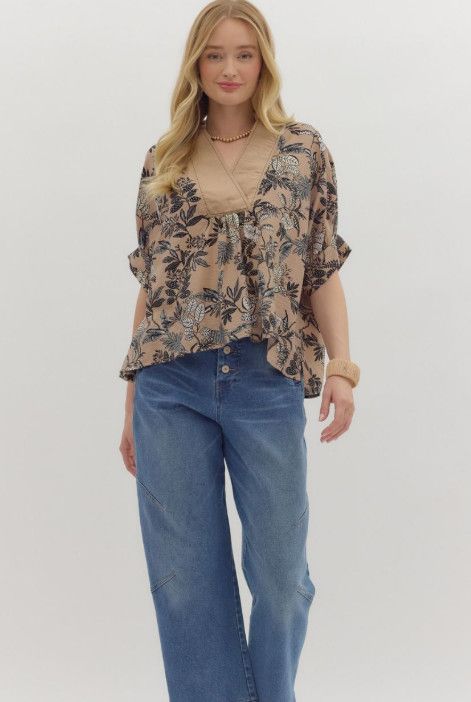 Botanical print short dolman sleeve top, Size: S, Color: taupe