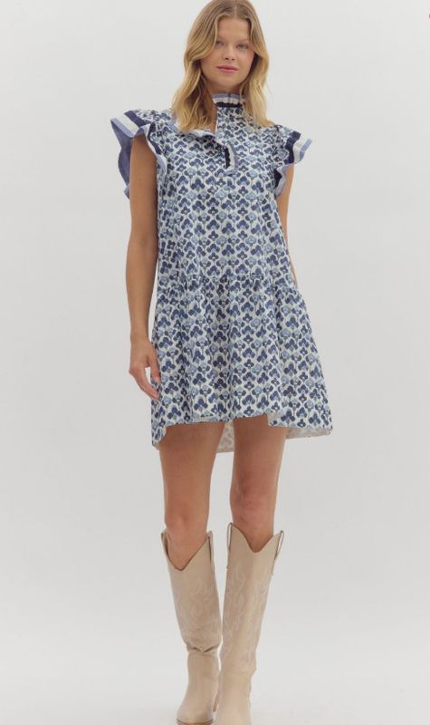 Abstract print multicolor accent band flutter sleeve dress