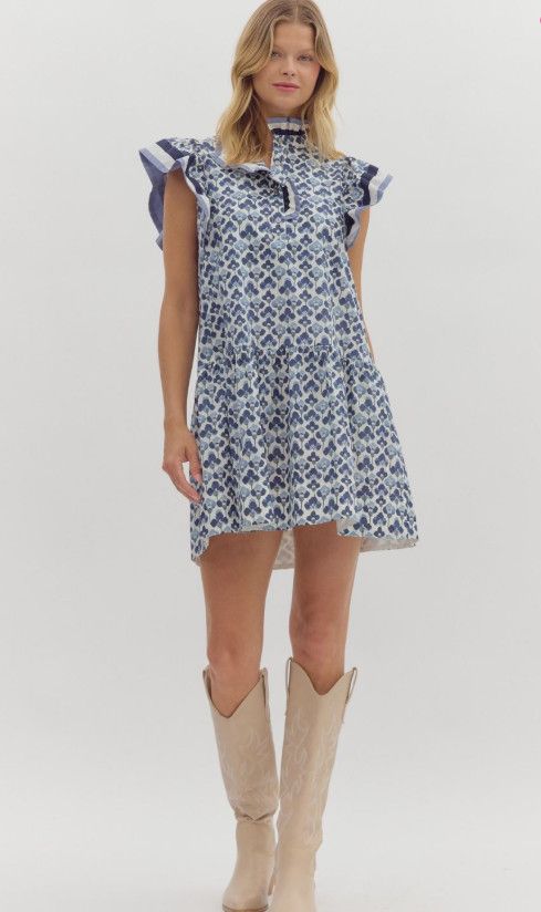 Abstract print multicolor accent band flutter sleeve dress, Size: S, Color: navy