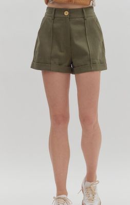 Solid high waist pleated rolled cuff hem pintuck shorts