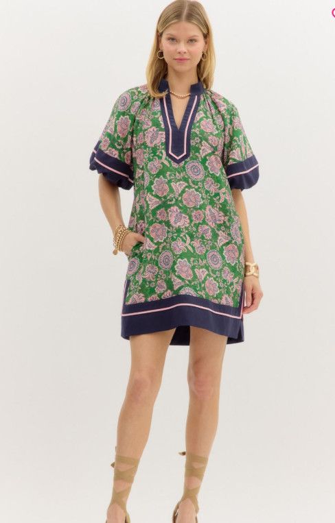Floral paisley print pullover mini dress featuring contrast accent bubble sleeve and hem