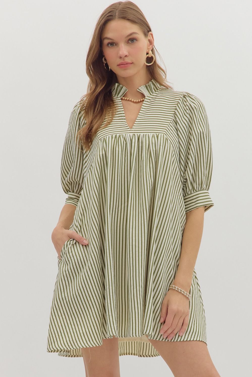 Seer Sucker Puff Sleeve StripedDress, Size: Small, Color: Olive