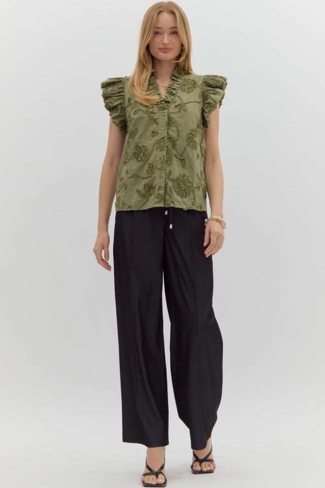 Olive Textured Ruffle Sleeve Top, Size: S