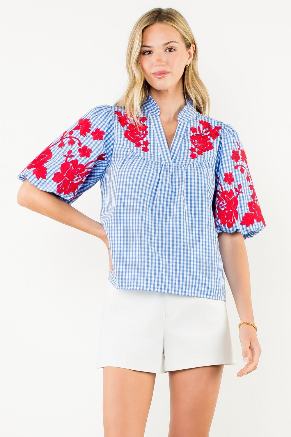 Blue Gingham Blouse w Red Floral Embroidery, Size: XS
