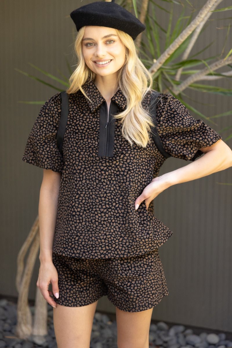 Quarter Zip Collared Animal Print Top, Size: Small