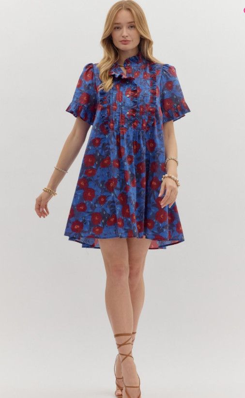Floral print short sleeve pintuck mini dress
