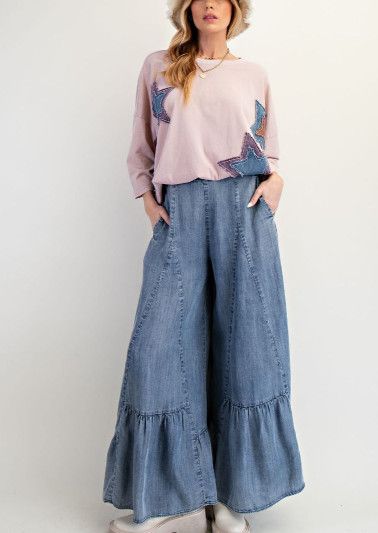 Ruffle bottom hem washed denim palazzo pants