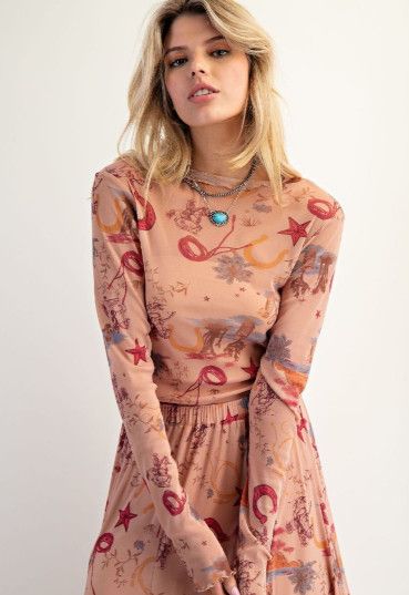 Western printed mesh fitted top, Color: camel, Size: S