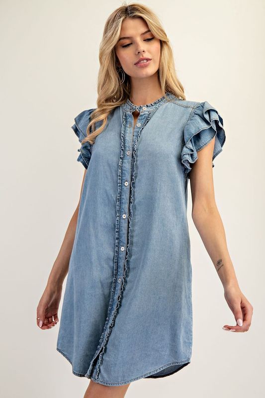 Button Down Ruffle Sleeve Mini Dress