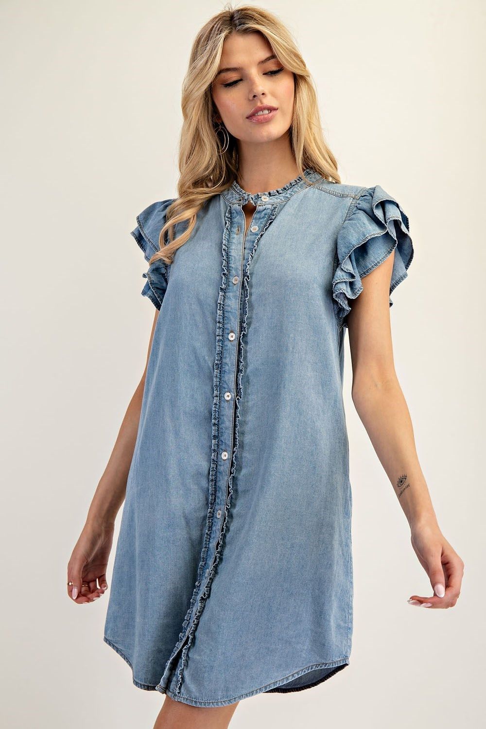 Button Down Ruffle Sleeve Mini Dress, Size: S, Color: denim
