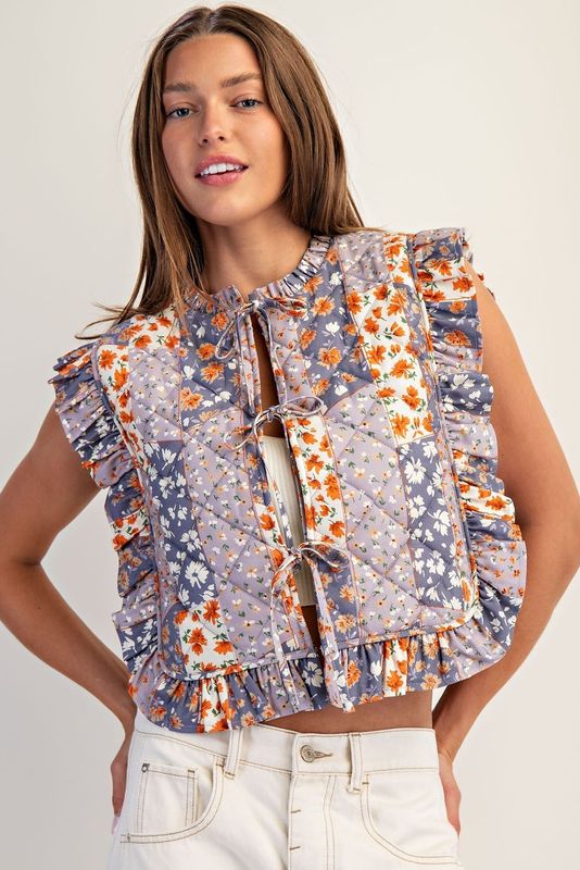 Floral Patchwork Printed Quilted Vest