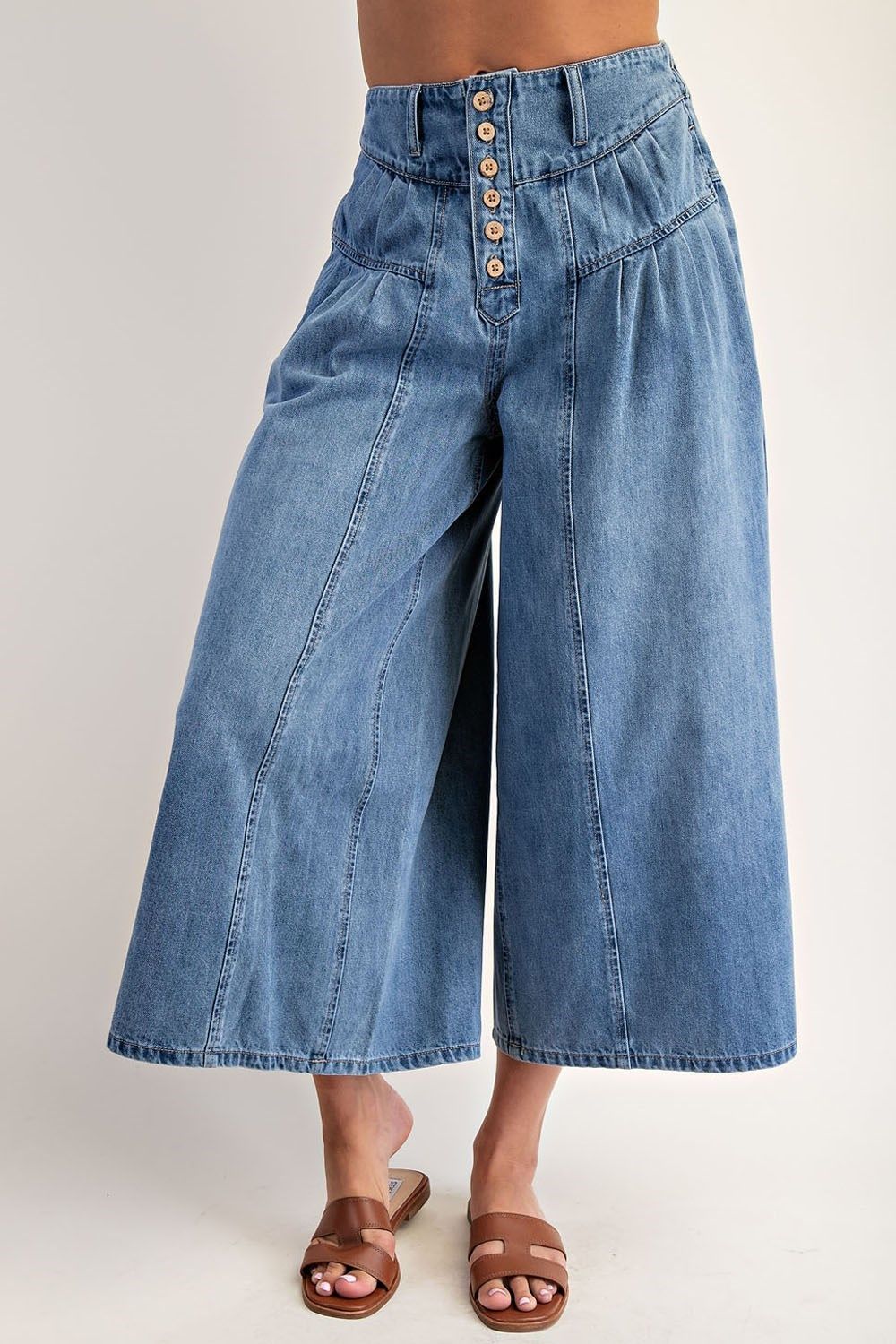 Stone Washed Cropped Denim Culottes, Size: S, Color: denim