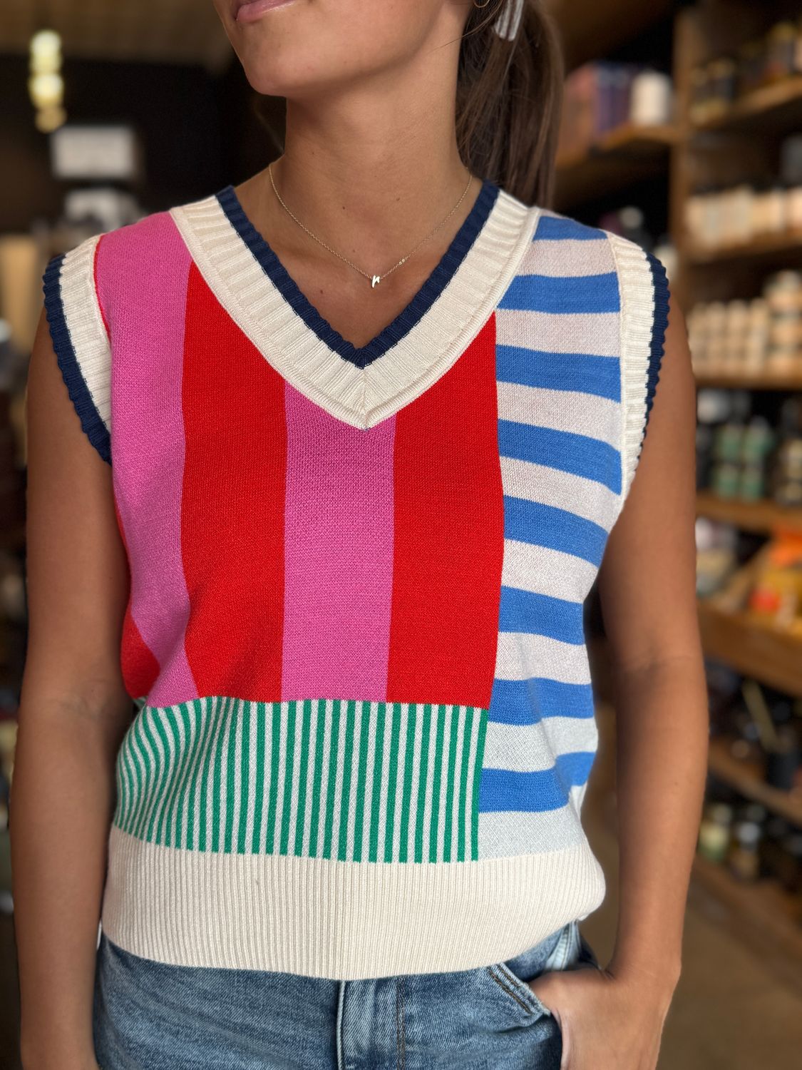 Sleeveless striped knit top, Size: XS, Color: multi