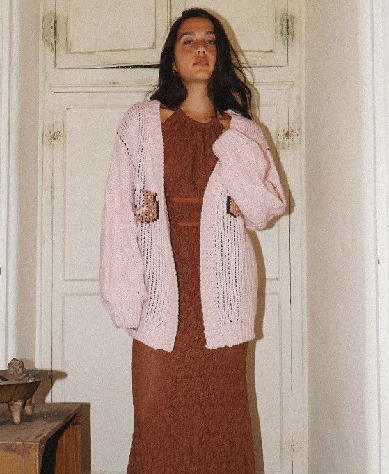 Horse print open knit cardigan, Color: pink, Size: XS