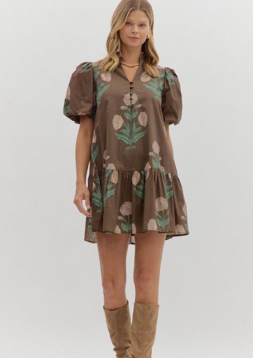 Floral short bubble sleeve ruffle hem mini dress