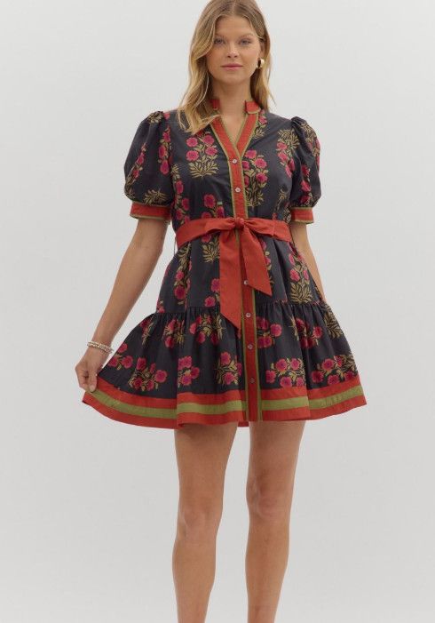 Floral pattern short puff sleeve ruffle hem mini dress