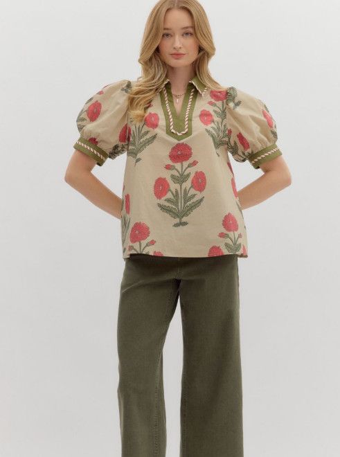 Floral print short bubble sleeve top
