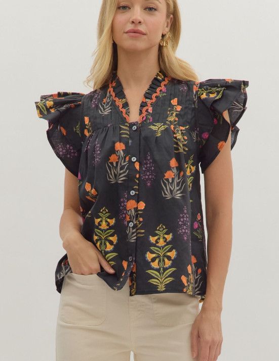 Botanical print short flutter sleeve top