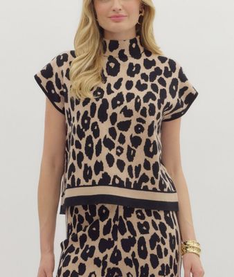 Animal print mock neck sweater knit pullover top
