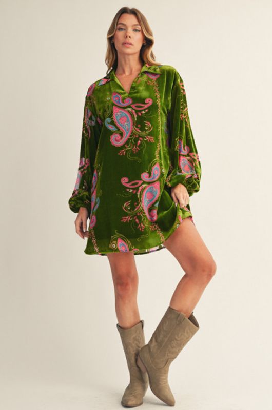 Long puff sleeves paisley print velvet dress