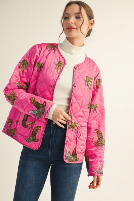 Long sleeves button down quilted leopard jacket