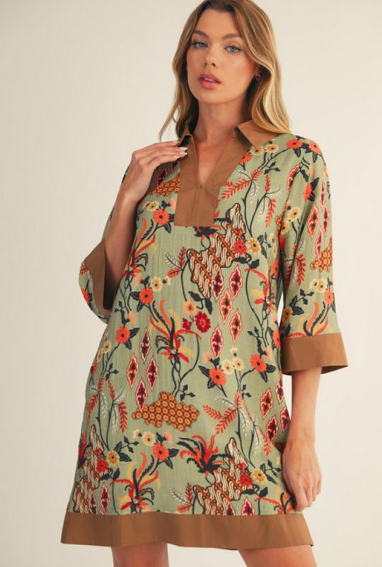 3/4 sleeves boho floral shift dress with side pockets