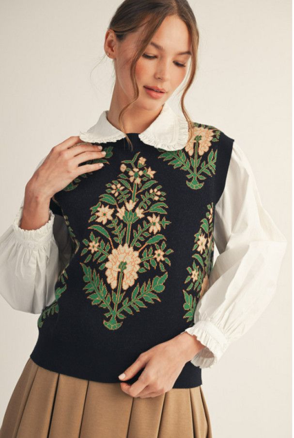 Floral pattern lovely sweater vest, Color: black, Size: S