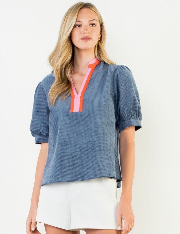 Puff Sleeve Textured V-Neck Top
