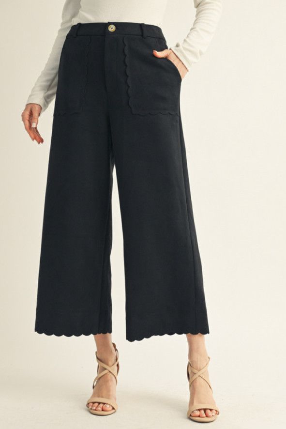 Wide leg suede pants with scallop edge accent, Color: black, Size: S