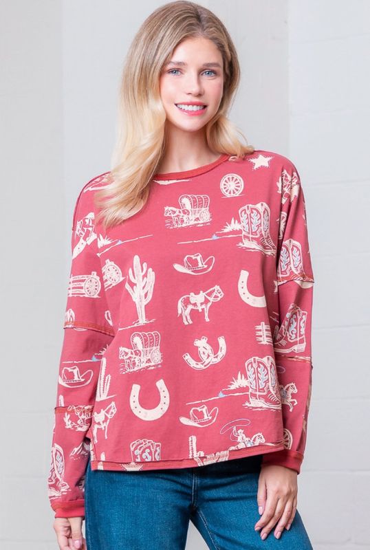 Western Printed Round Neck Long Sleeve Top