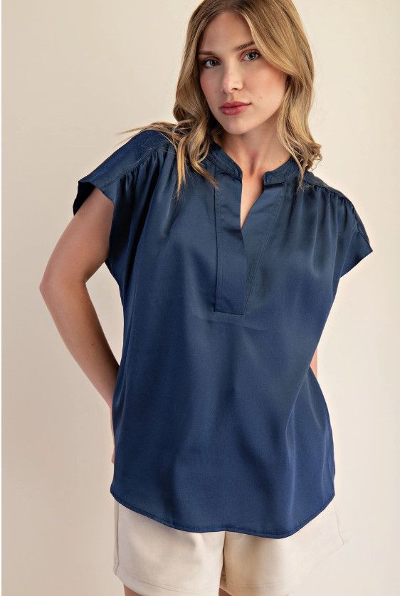 Round Neck V-Neck Drop Satin Blouse, Size: S, Color: navy