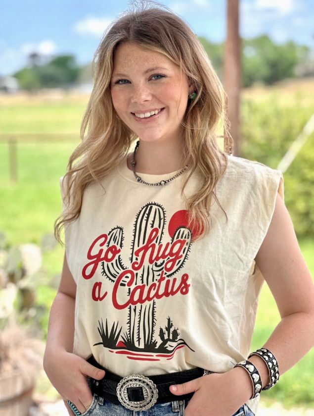 Go Hug A Cactus Boxy Tank, Size: S, Color: beige
