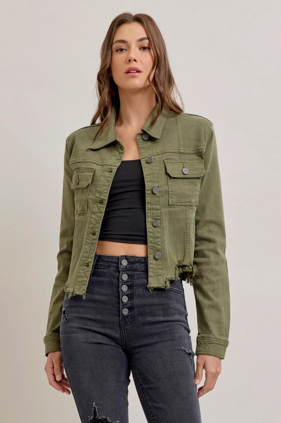 Frayed Cropped Fitted Jacket, Size: S, Color: olive