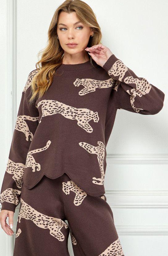 Bold leopard long sleeve sweater with scalloped hem, Color: chocolate, Size: S