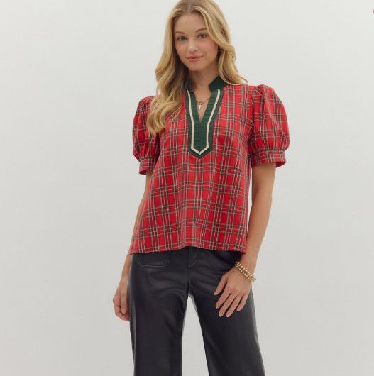 Plaid pattern cuff band short sleeve top, Color: red, Size: S