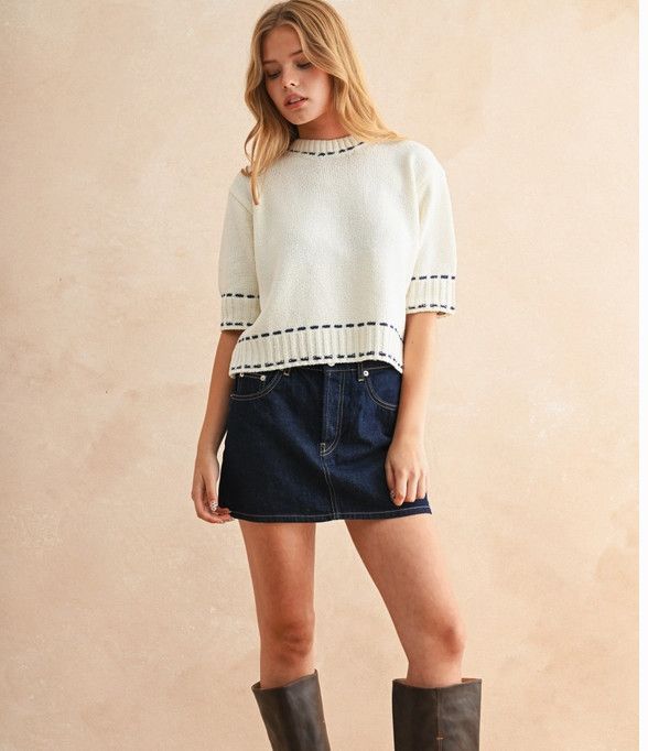 Stitch Effect Detail Short Sleeve Top, Color: white/navy, Size: S