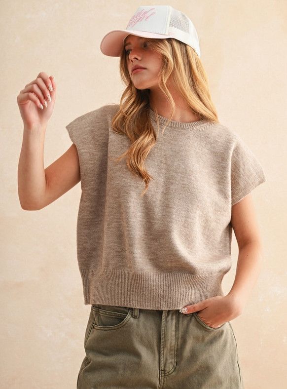 Loose Fit Short Sleeve Sweater Top, Color: tan, Size: S