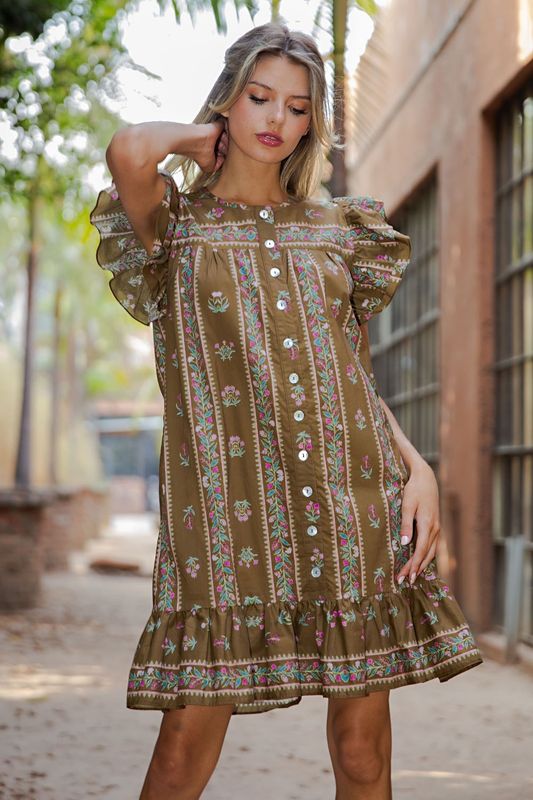 Floral Button Down Flutter Sleeve Mini Dress