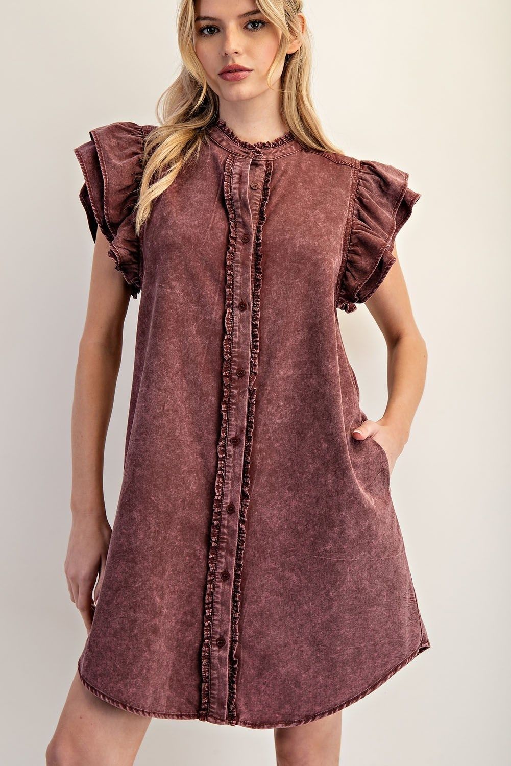 Snow Washed Button Down Mini Dress, Color: wine, Size: S