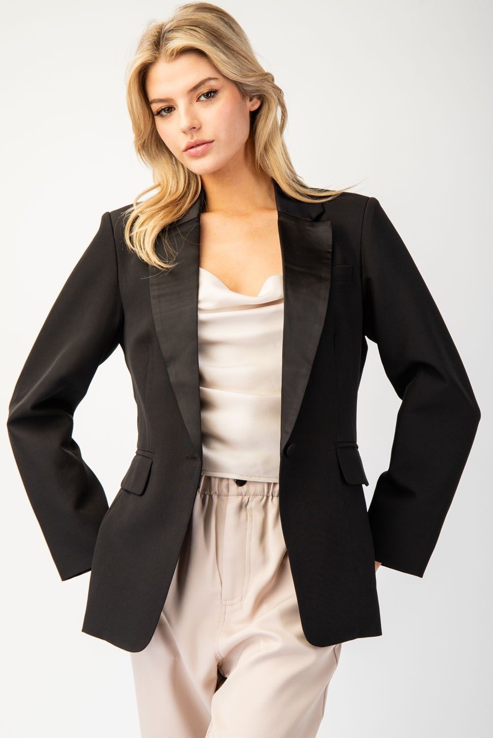 Long sleeve satin collar blazer jacket, Color: black, Size: S