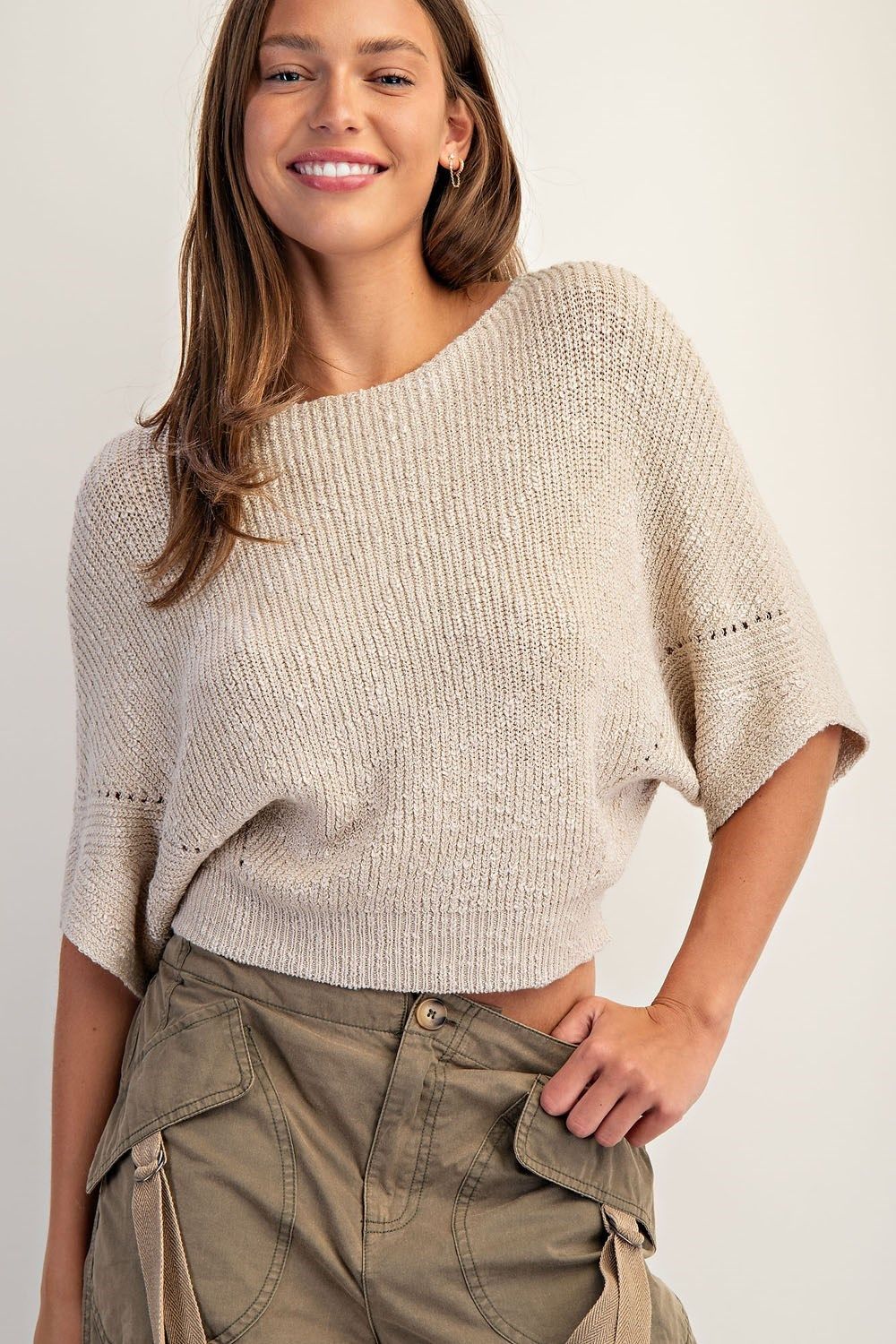 Cropped Half Dolman Sleeve Knit Sweater, Color: oatmeal, Size: S