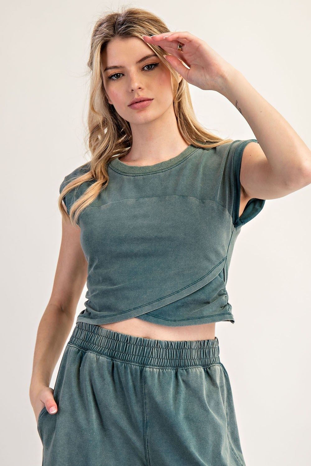 Mineral Washed Short Sleeve Wrap Top, Color: teal, Size: S