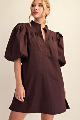 Mandarin Collar V-Neck Bubble Sleeve Mini Dress