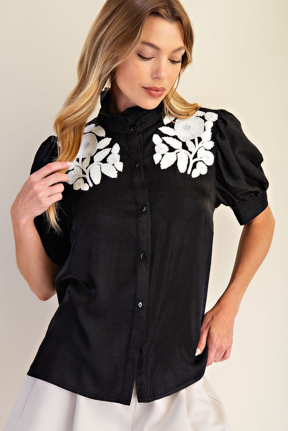 Ruffled Neck Puff Sleeve Top, Color: black, Size: S