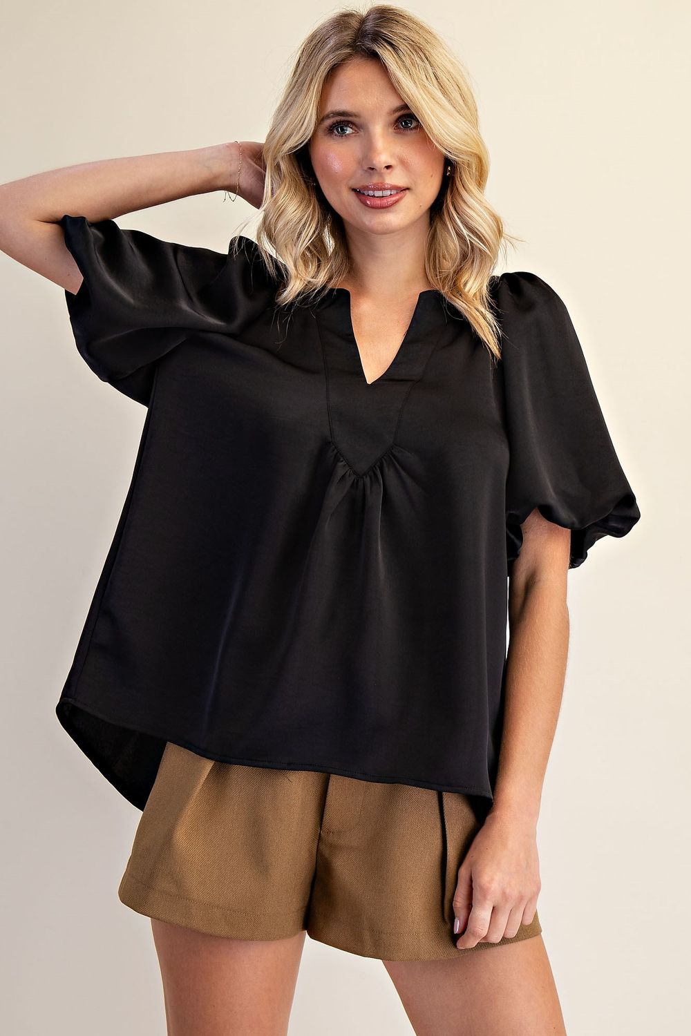 V-Neck Puff Sleeve Top, Color: black, Size: S
