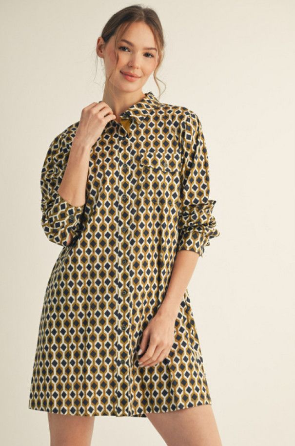 Long sleeves button down geo prints shirt dress, Color: avacado, Size: S