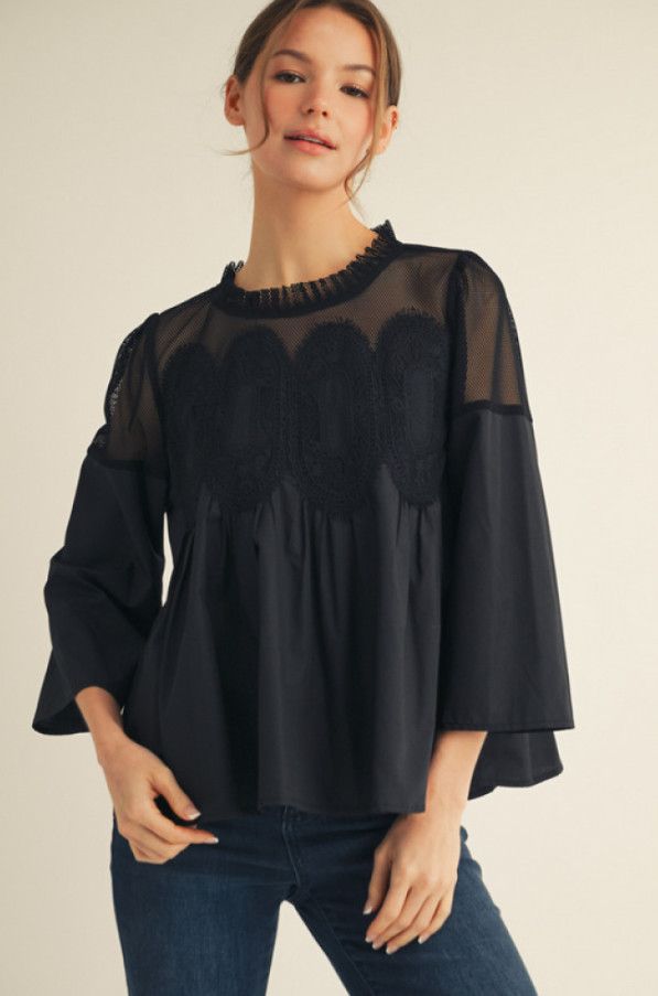3/4 sleeves top with mesh contrast, Color: black, Size: S