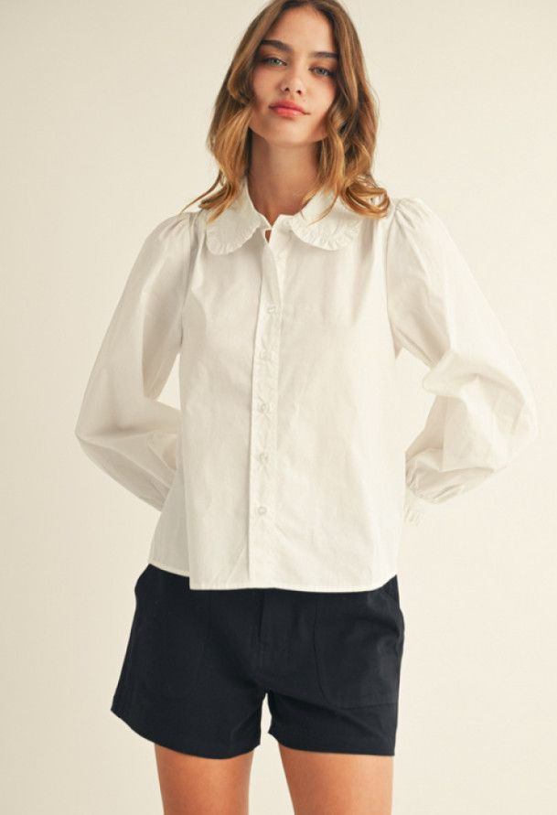 Ruffle cuffed long sleeves button down shirt, Color: off white, Size: S